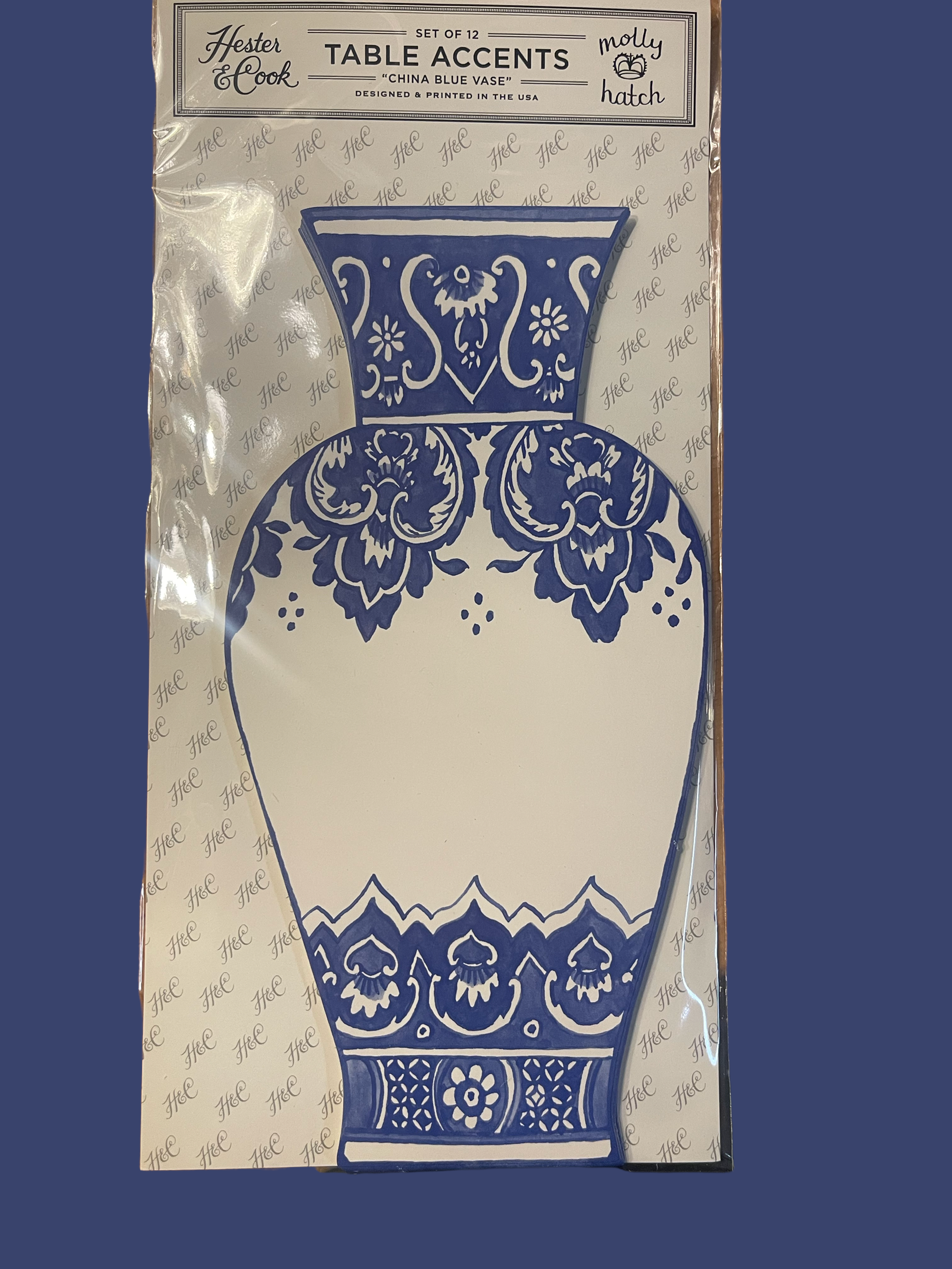 China Blue Vase Table Accents feature a blue and white vase illustration; available in 5"x7" and 3"x4" sizes.