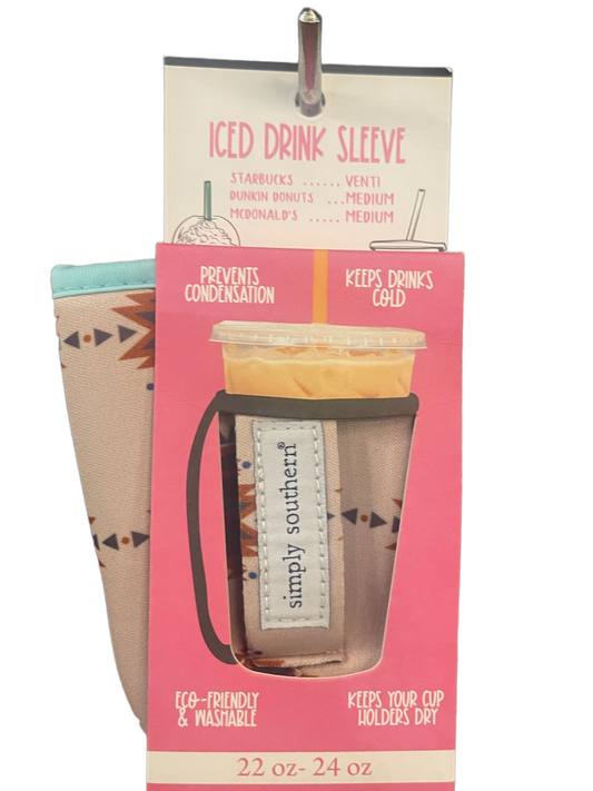 Patterned, eco-friendly sleeve for 22-24 oz cups; washable, keeps drinks cold, prevents condensation, fits major coffee chains.