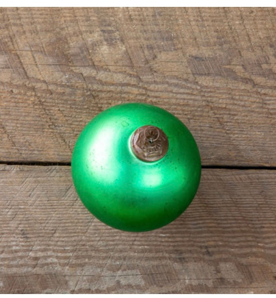 Extra large, round, bright green antique shiny emerald glass ball ornament with metallic cap.