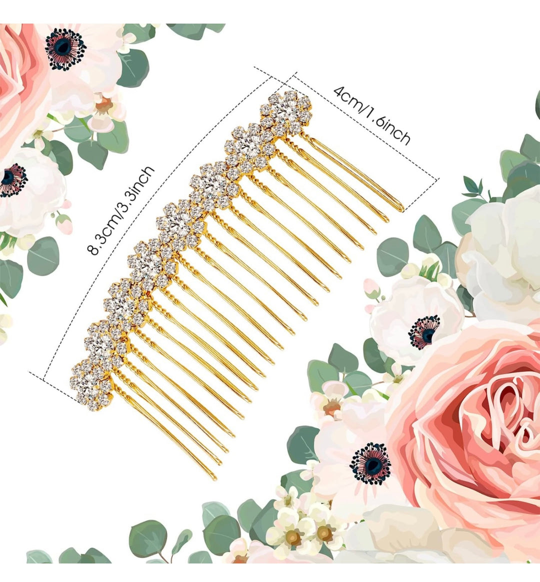 Crystal Hair Comb, gold with sparkling crystals, measures 8.3 cm x 4 cm. Sizes shown with measurement lines above the comb.