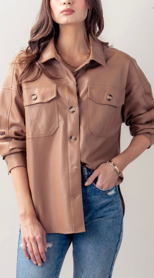 Camel Faux Leather Button up Jacket