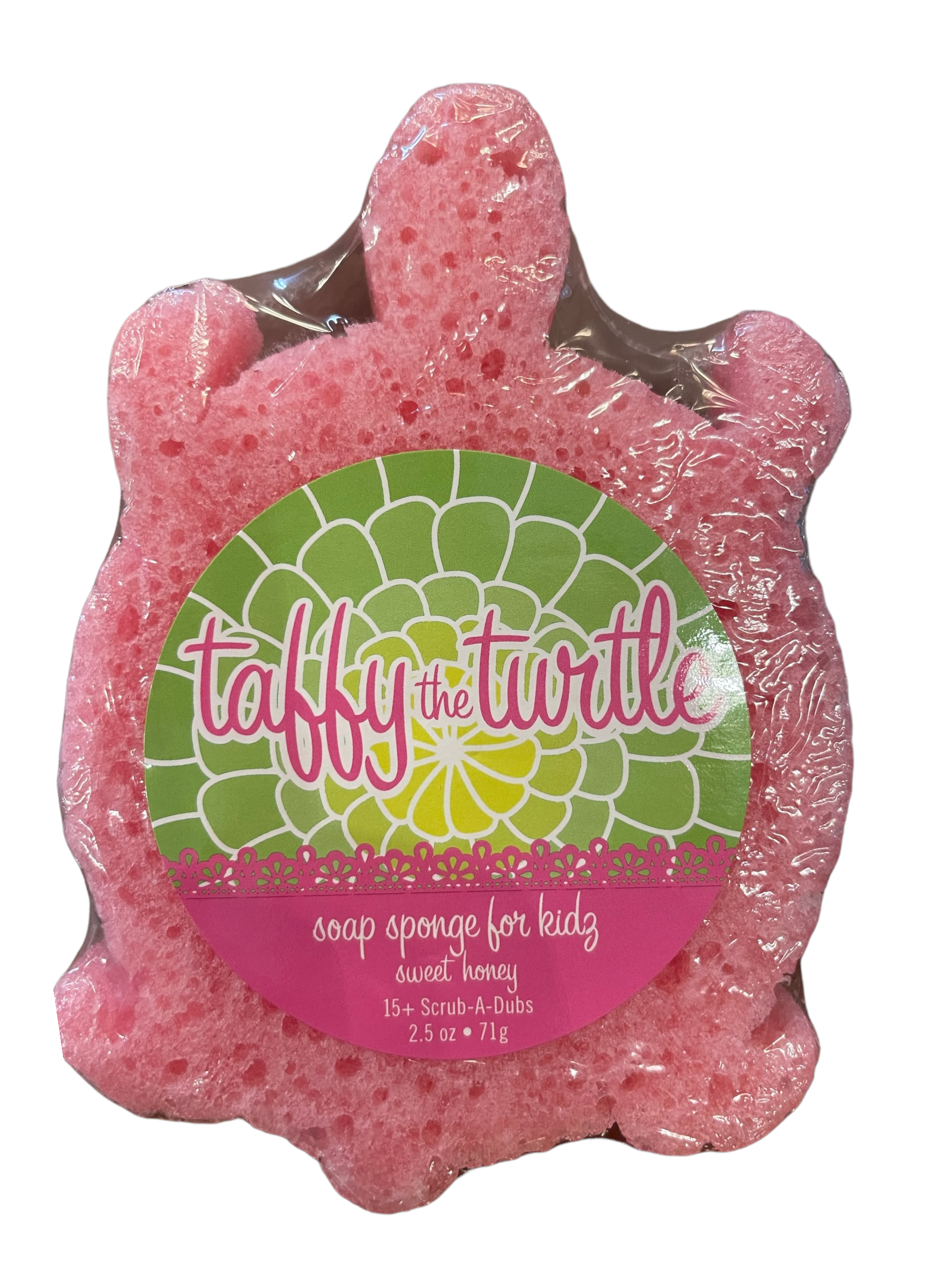 Taffy the Turtle" Soap Sponge is a pink and turtle-shaped kid's soap with a honey scent. It comes in clear packaging and features white and yellow labeling. Available in one standard size.