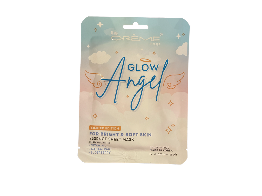 Pastel "Glow Angel Face Mask" by The Crème Shop, features clouds and angel wings. Highlight: vitamin C. Size: 1 mask.