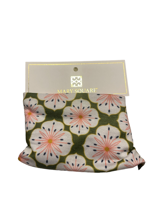 Small fabric pouch; pink and white floral on green; "Mary Square" gold/white tag. Sizes available: small, medium, large.