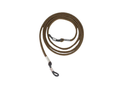 Brown leather eyeglasses lanyard with black anti-slip loops and metal connectors at both ends. Available in 26in length.