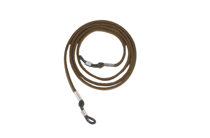 Brown leather eyeglasses lanyard with black anti-slip loops and metal connectors at both ends. Available in 26in length.