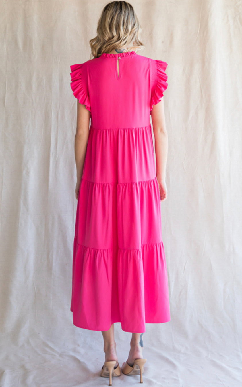 The product available is a Fuchsia Midi Dress with ruffled sleeves. Available sizes are not specified in the text.