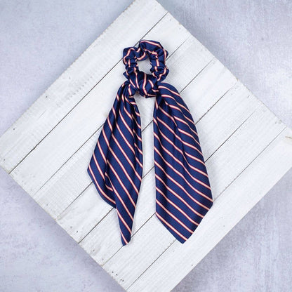Navy Striped Hair Scrunchie Scarf with diagonal pink stripes. Available in small, medium, and large sizes.