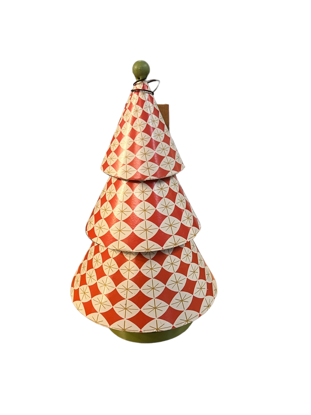Cone-shaped metal tree with red and white diamond pattern and green topper.