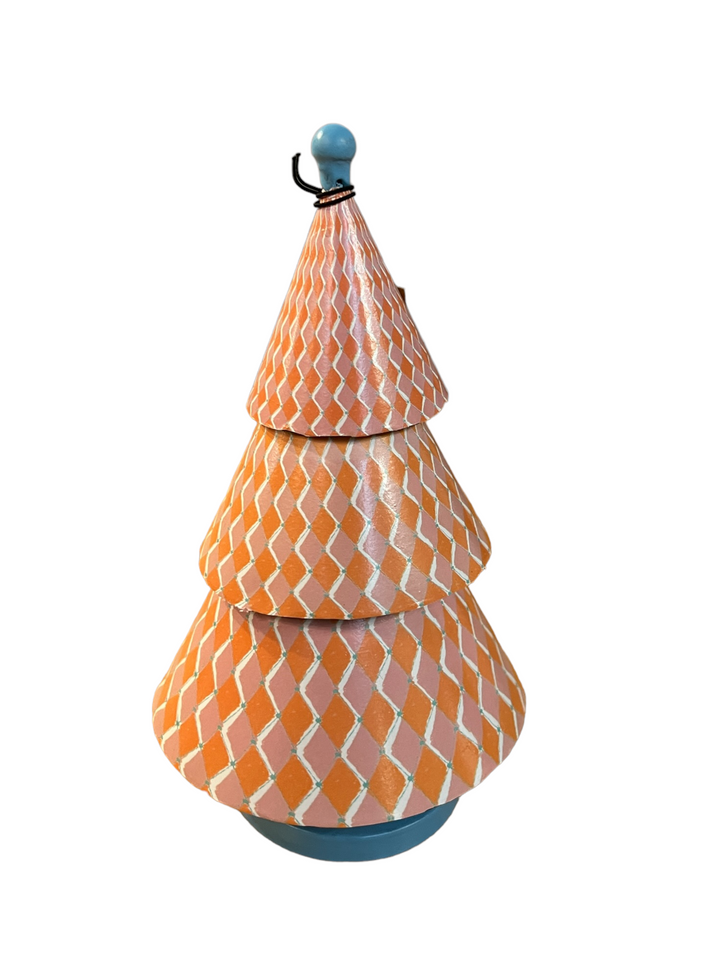 Conical metal tree ornament with repeating orange and pink diamond pattern and blue knob topper.