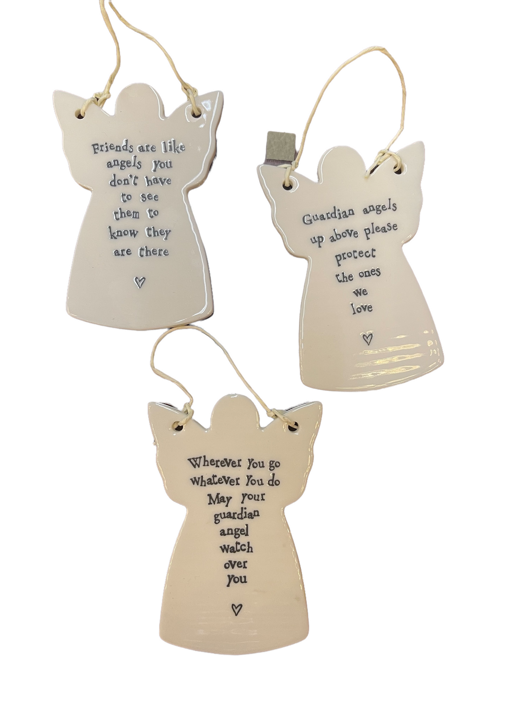 Three heart-shaped angel ornaments (E4047-UN) with hanging strings, inspirational quotes, and heart icons.