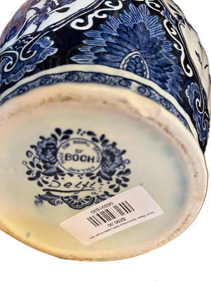 Underside of 15.5" blue Delft ginger jar shows maker’s mark, patterns, handwritten text, and a barcode sticker.