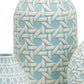 Set of three ceramic Sky Blue Vases with pale blue and cream geometric design; sizes: small, medium, and large.