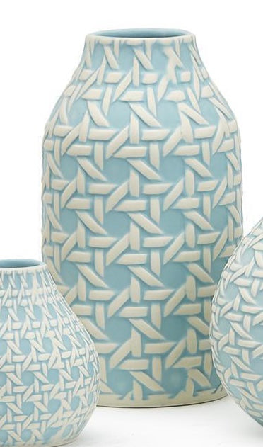 Set of three ceramic Sky Blue Vases with pale blue and cream geometric design; sizes: small, medium, and large.