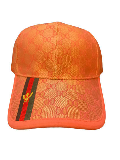 Orange adjustable baseball hat, subtle pattern, green and red stripe, yellow emblem on brim. Available in S/M and L/XL.