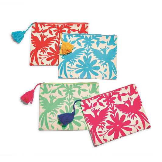 Set of four embroidered rectangular pouches in red, blue, green, pink with tassel zippers. Sizes available: S, M, L.