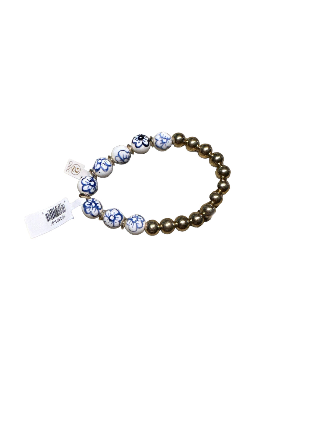 The Chinoiserie Chic Stretch Bracelets have alternating white beads with blue floral designs and gold beads. Sizes: S, M, L.