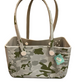 Rectangular beach tote with double handles, green-beige camo, silver rivets, blue tag. Sizes: S, M, L.