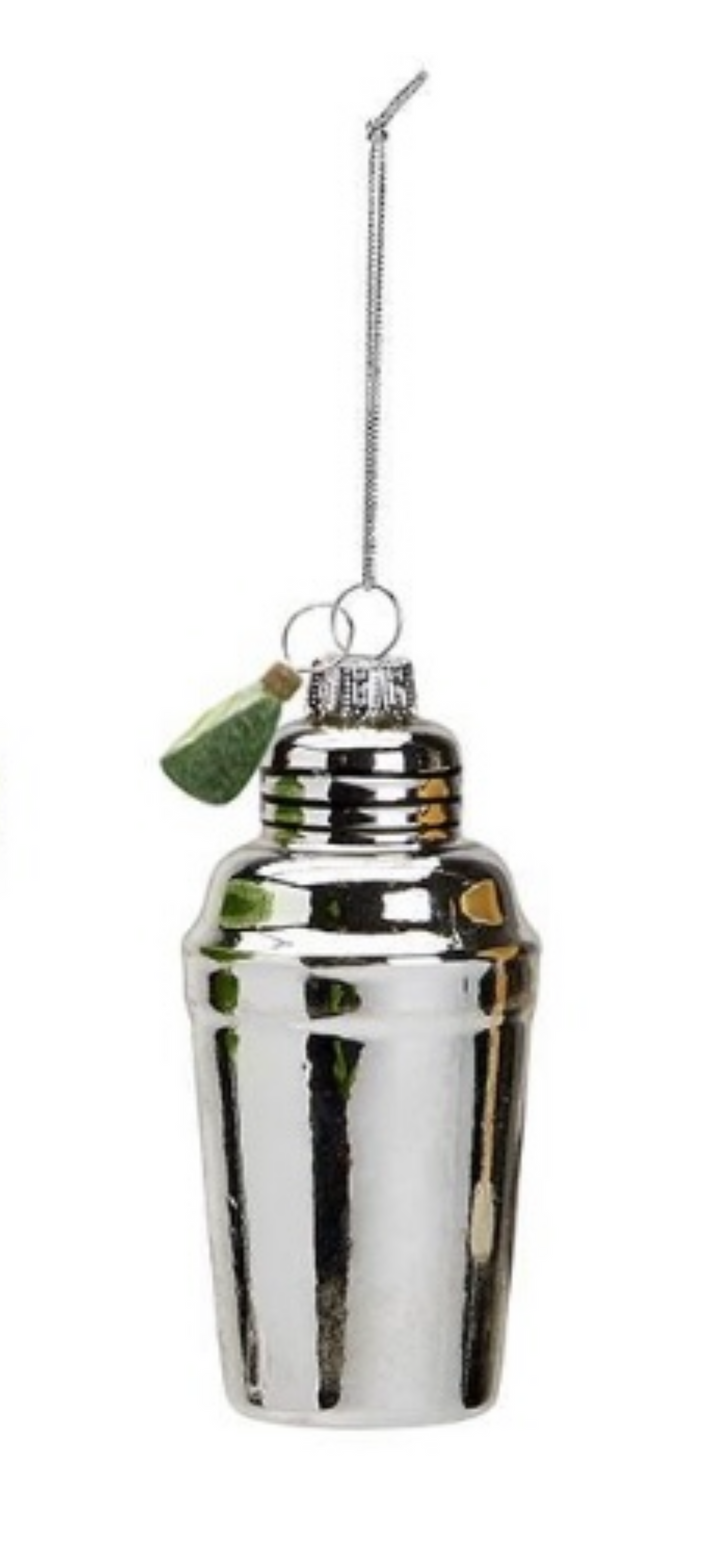 Cocktail Hour Ornament with Glass Charm featuring a silver cocktail shaker and green lime wedge.
