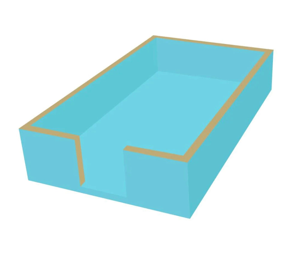 Rectangular blue lacquered wood guest towel caddy, light brown-edged, with notch. Available in 4"x8" and 5"x10" sizes.