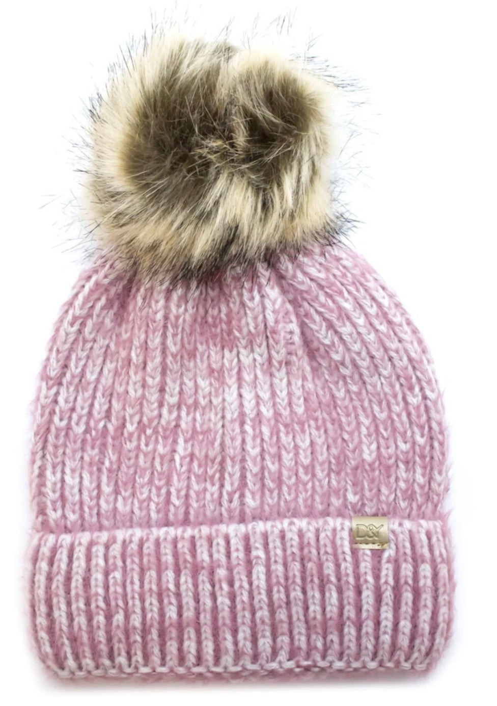 Pink and white feather knit beanie with faux fur pom-pom and front tag. Available in S, M, L.