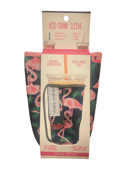 Pink flamingo and green leaf sleeve fits 30-32 oz cups, keeps drinks cold, prevents condensation, eco-friendly material.