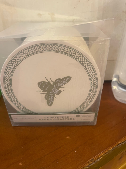 Set of 40 round Countryside Paper Coasters (53738), each with bee illustration, in clear box. No size info available.