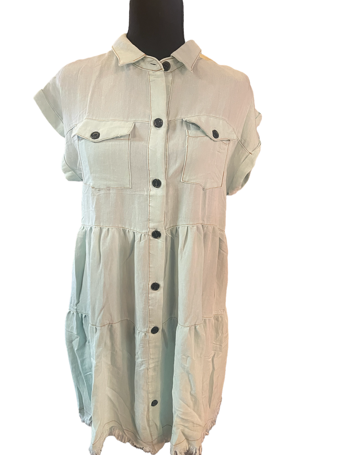 Button Down Ruffle Dress With Chest Pockets Ice Mint