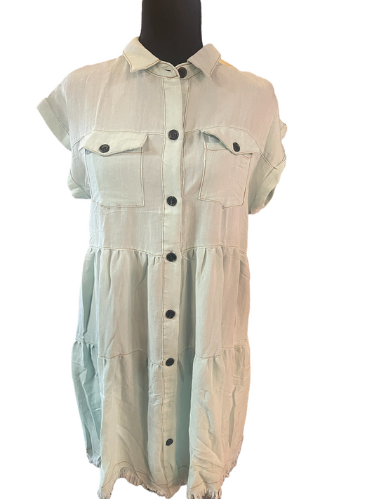Ice mint button-down ruffle dress with short sleeves, black buttons, chest pockets, tiered skirt, collar. Sizes: S-XL.