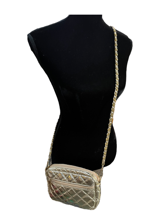 Gold metallic quilted crossbody bag with gold chain strap and convertible design. Available in small, medium, and large sizes.