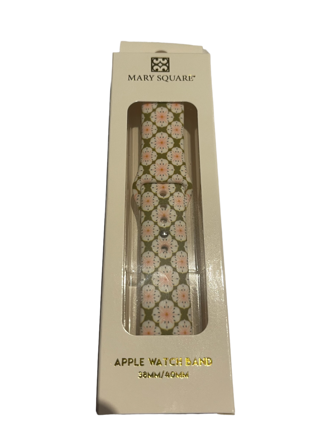 Mary Square Watch Band with white and pink floral pattern, fits sizes 38mm/40mm. Cream packaging with gold text.