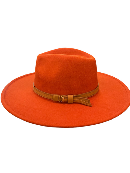 Bright orange wide-brim wool hat with light brown leather band, decorative knot; available in S, M, L.