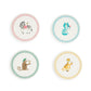 Set of four eco-friendly paper coasters with Greek key border and animal illustrations. Size info not specified.