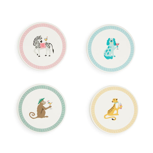 Set of four eco-friendly paper coasters with Greek key border and animal illustrations. Size info not specified.
