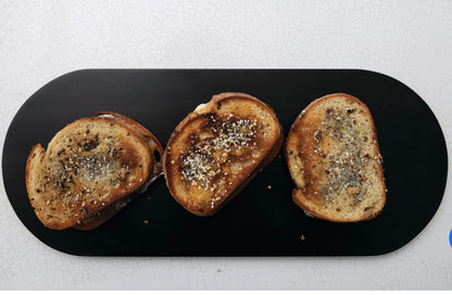 Three slices of toasted bread with Everything Bagel Blend. Available in small, medium, and large sizes.