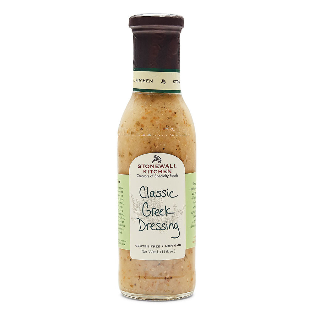 Stonewall Kitchen Classic Greek Dressing, gluten free, non-GMO; 11 oz bottle with brown cap and green-white label.