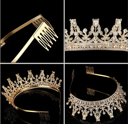 Gold/Silver Queen Crown with sparkling gems shown in four views: comb detail, front, side, angled. Sizes: S/M/L/XL.