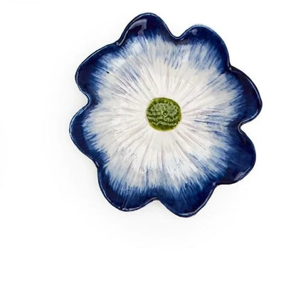 Hand-painted trinket tray with deep blue edges, white center, and green accent. Available in small and large sizes.
