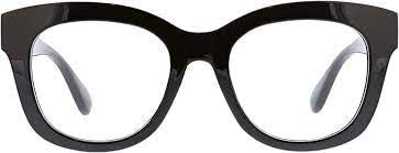 Black thick-rimmed oversized rectangular Peepers Center Stage Focus eyeglasses with clear lenses; sizes: small, medium, large.