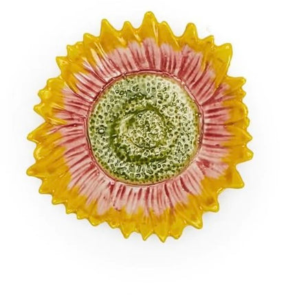 The In Full Bloom Hand-Painted Trinket Tray has yellow and pink petals with a textured green center. Sizes: small, medium, large.