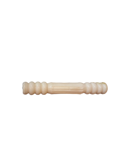 Beige, cylindrical brass candle snuffer with rounded, grooved ends and a smooth, indented middle. Available in multiple sizes.