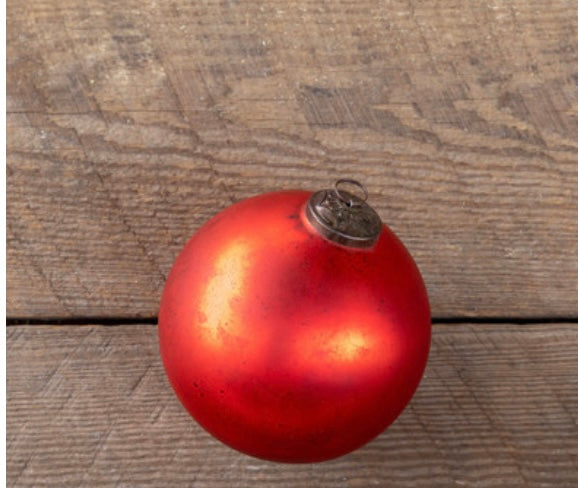 Extra large red antique matte glass ball ornament with a vintage finish and a silver cap.