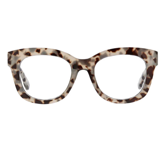 The Poppy - Gray Tortoise eyeglasses: bold cat-eye, mottled gray tortoiseshell, clear lenses. Sizes: small, medium, large.