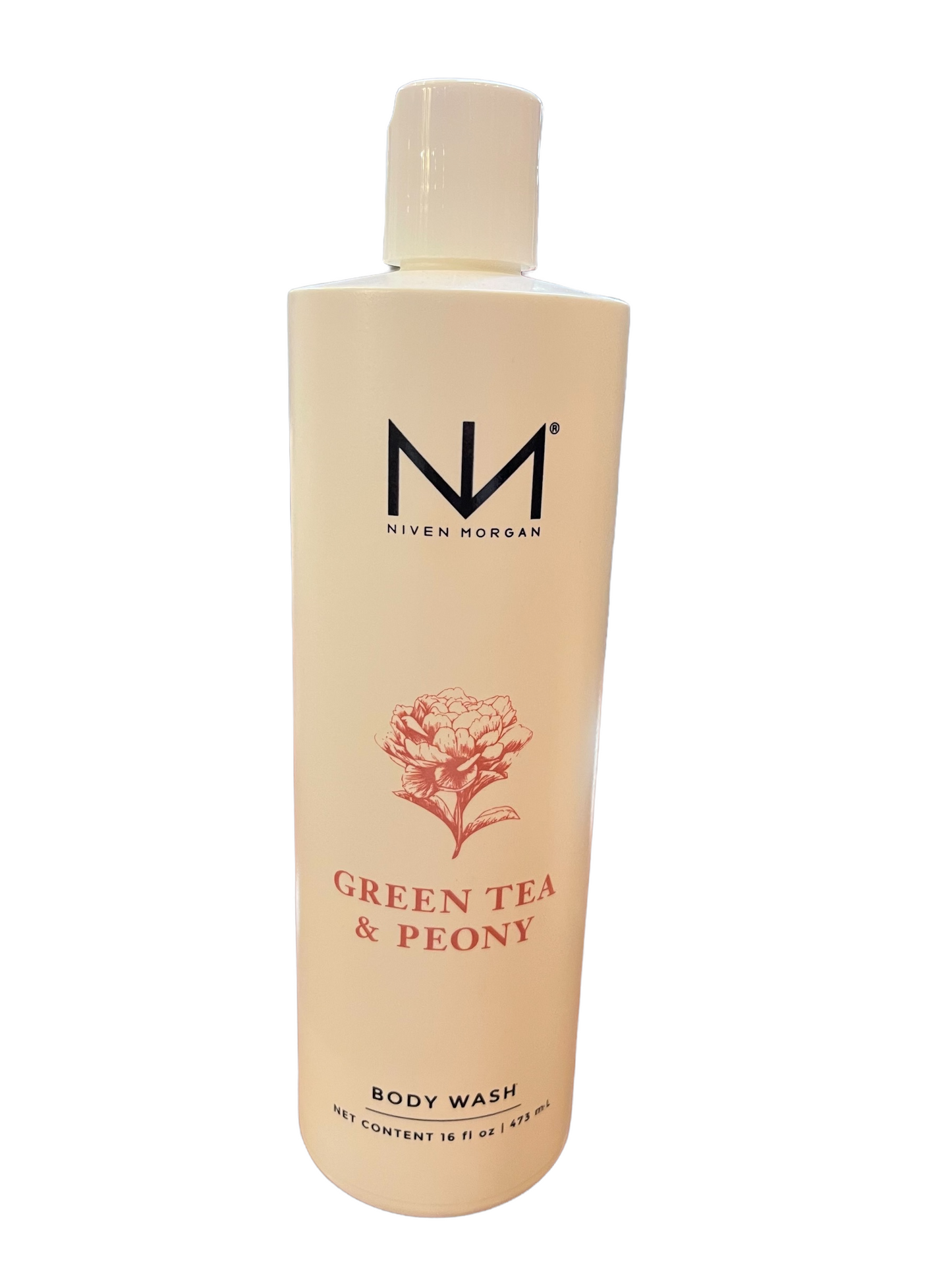 Green Tea & Peony body wash, white bottle