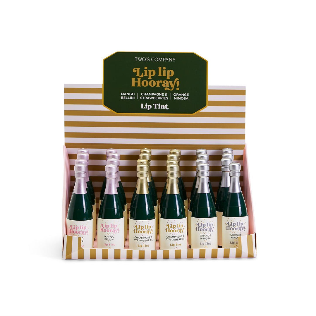 Set of 12 mini champagne bottle lip glosses with gold, pink, silver caps; wine-inspired flavors; compact size.