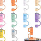 Straw covers in the shape of a Stanley cup, orange, yellow, purple blue green pink.