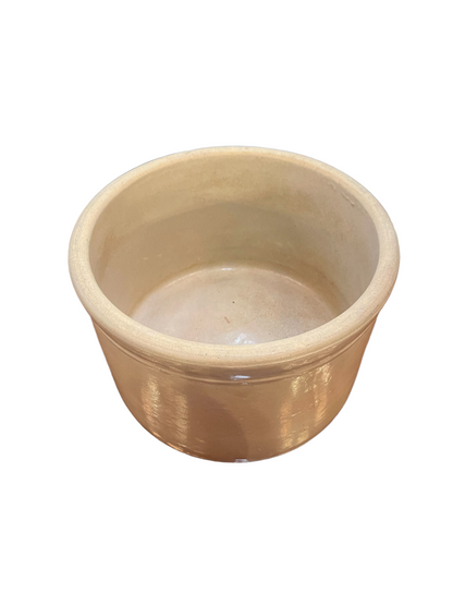Smooth, glossy light brown stoneware crock with plain round shape. Available sizes: 1 qt, 2 qt, and 1 gal.