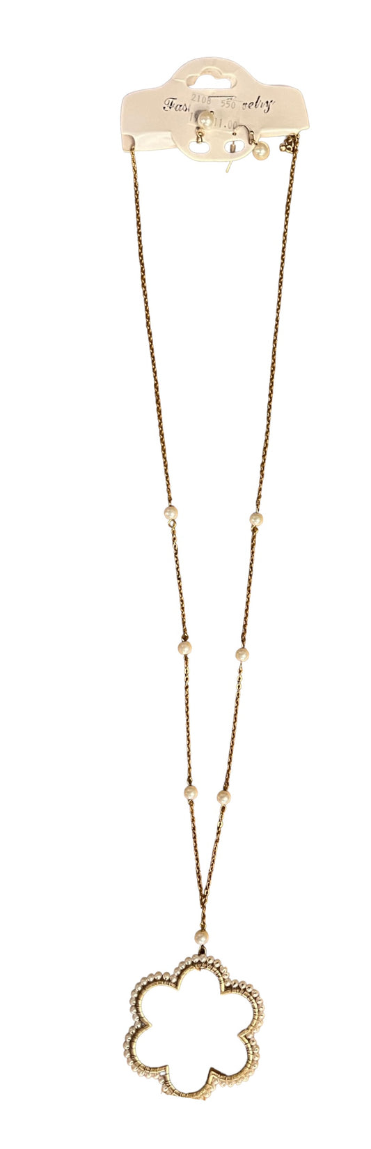 Gold necklace with small beads and a large open flower pendant. Available sizes: 16", 18", 20".