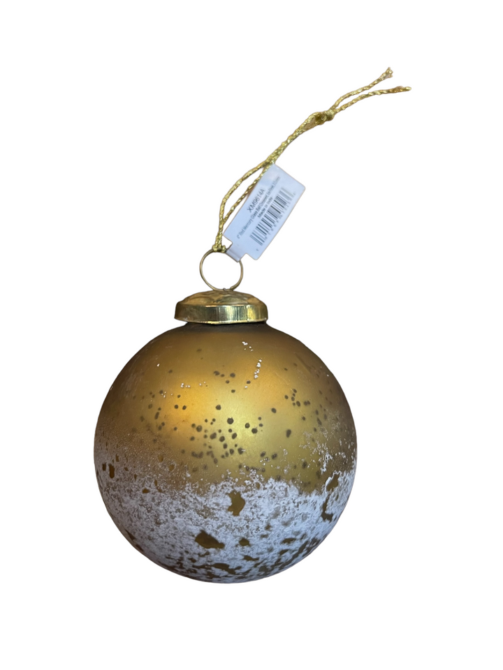 4-inch round ice-finish mercury glass ball ornament with frosted white base and gold hanging string.