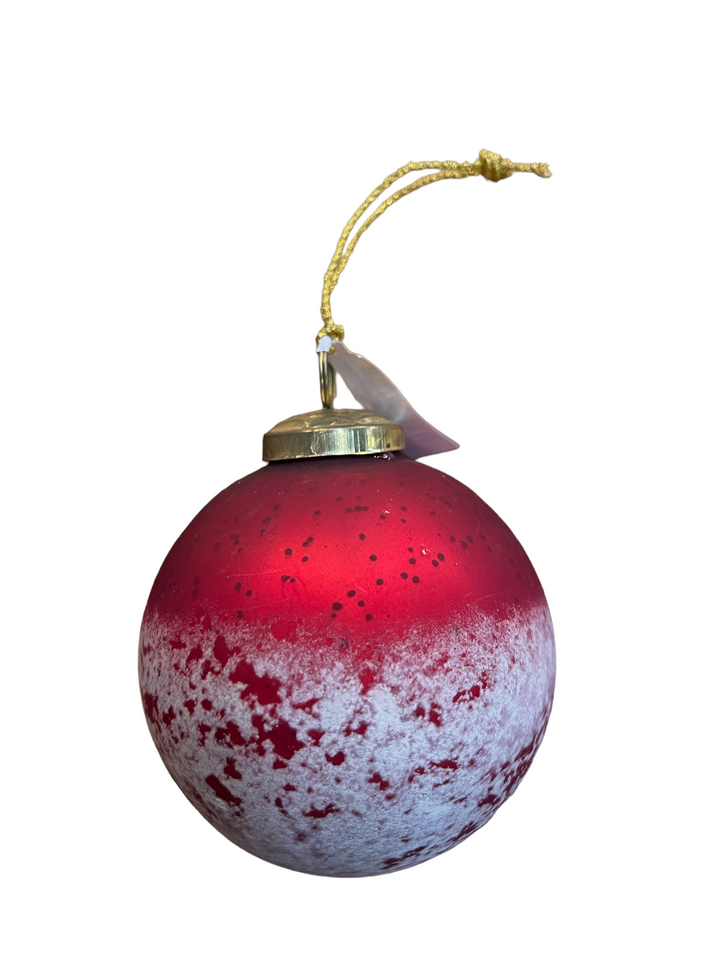 4-inch red round mercury glass ball ornament with ice and white frosted finish, gold cap, and hanging string.